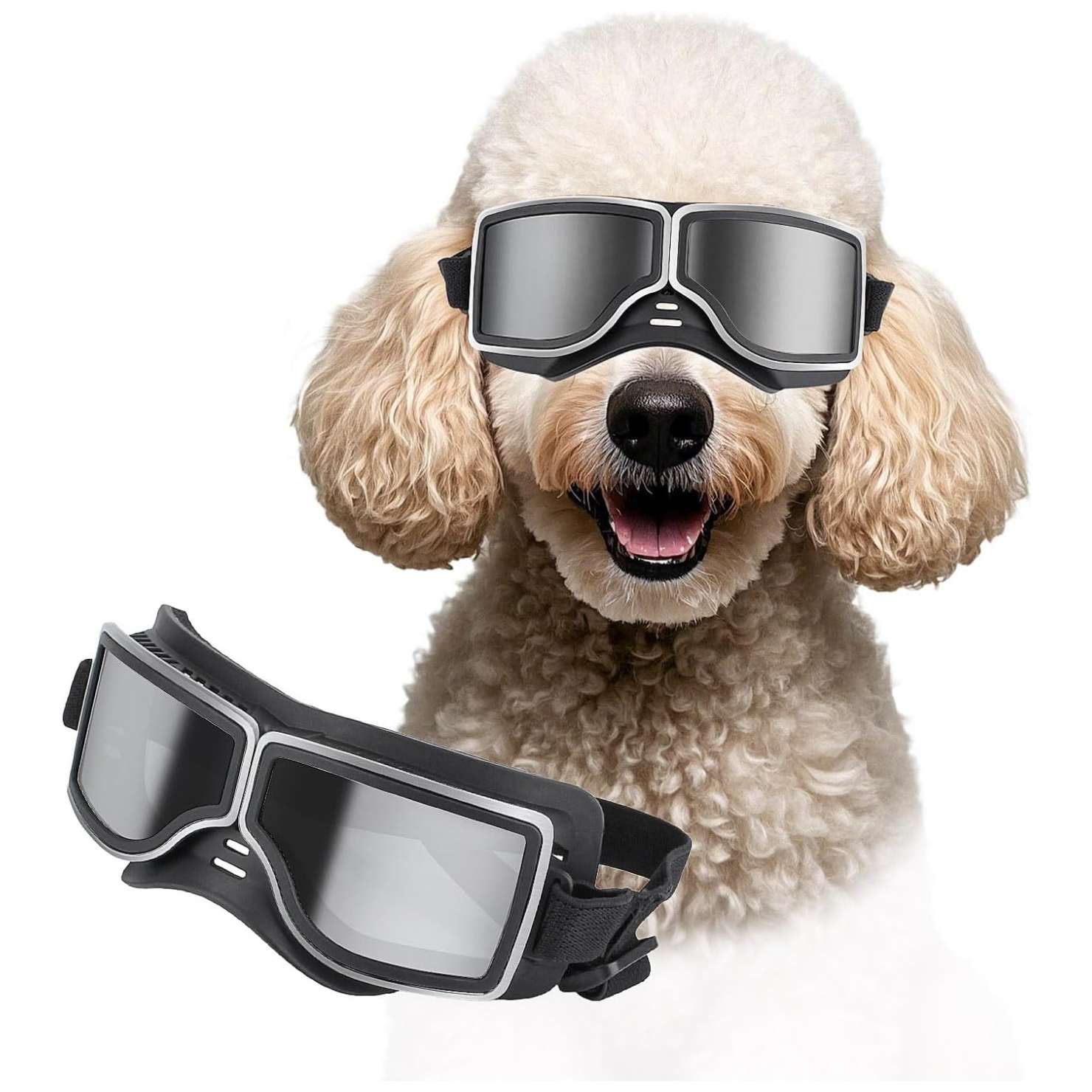 Lentes de sol estilo aviador para perros grandes con proteccion UV y correas ajustables.