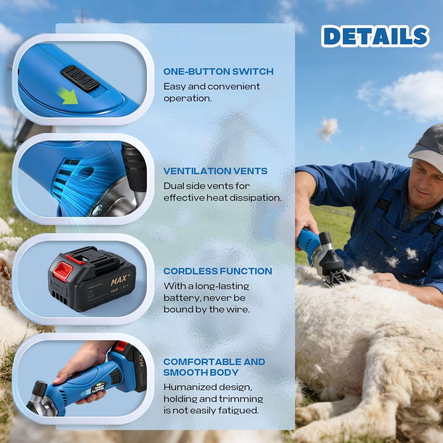 Maquina esquiladora inalambrica profesional de 550W para ovejas y alpacas con 2 baterias y maletin.