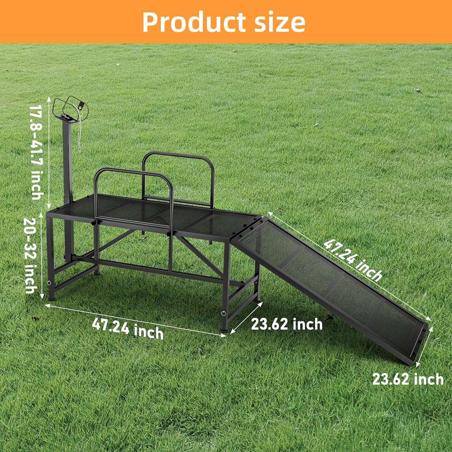 Mesa de esquila y brete para ovejas con rampa de acceso. Estructura de acero ajustable para recorte de pezuñas y ordeño.