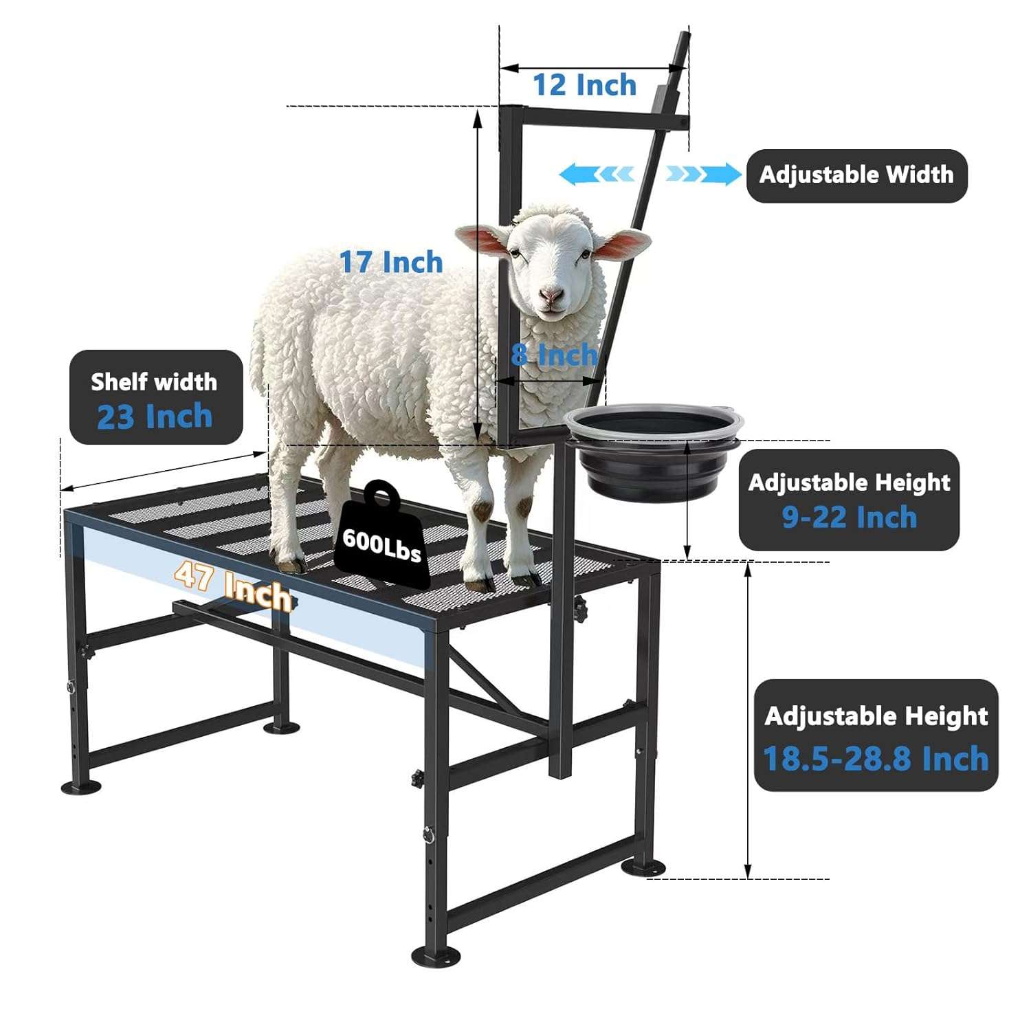 Mesa de ordeño y brete para cabras con comedero y cepo ajustable. Estructura de hierro reforzado que soporta 272 kilos.