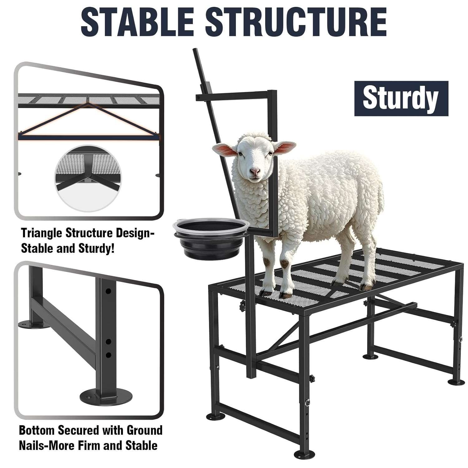 Mesa de ordeño y brete para cabras con comedero y cepo ajustable. Estructura de hierro reforzado que soporta 272 kilos.