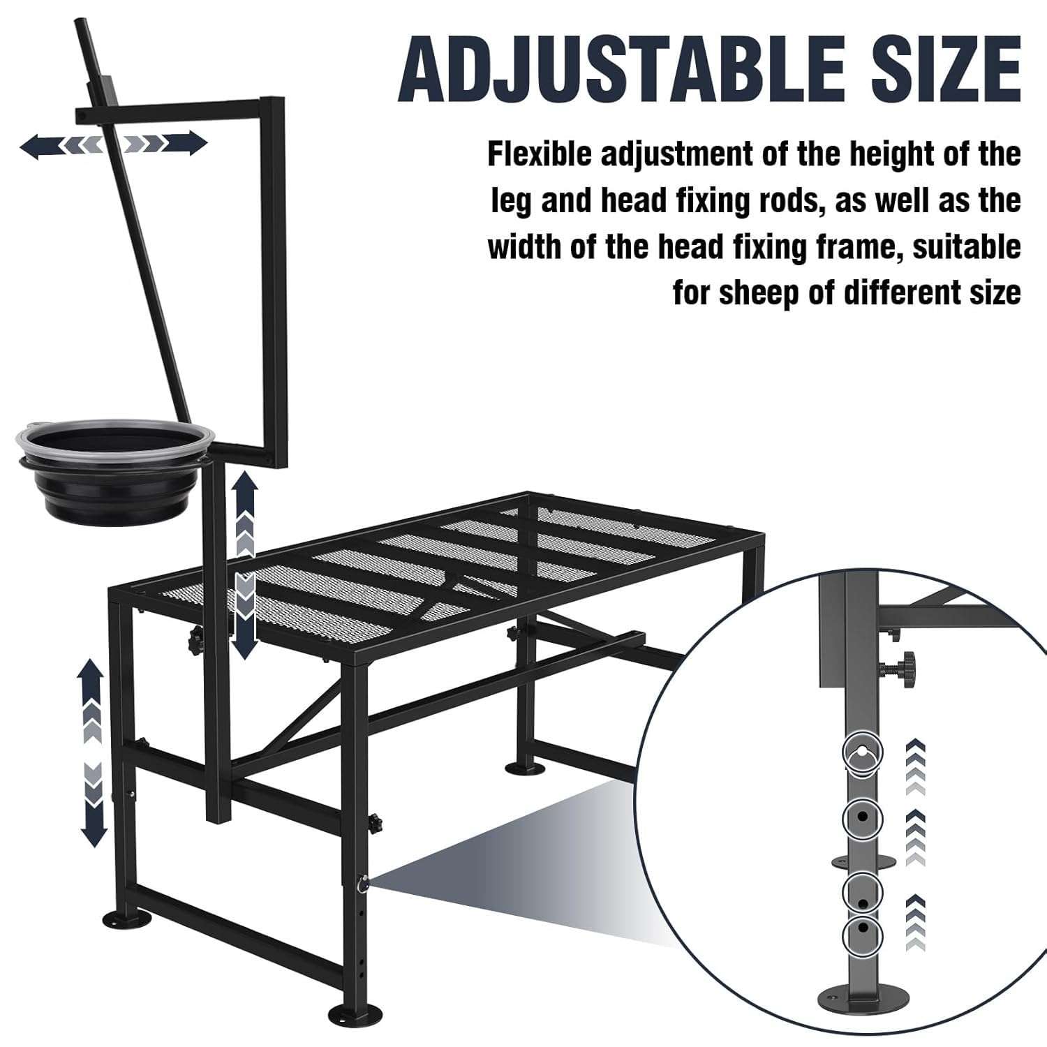Mesa de ordeño y brete para cabras con comedero y cepo ajustable. Estructura de hierro reforzado que soporta 272 kilos.
