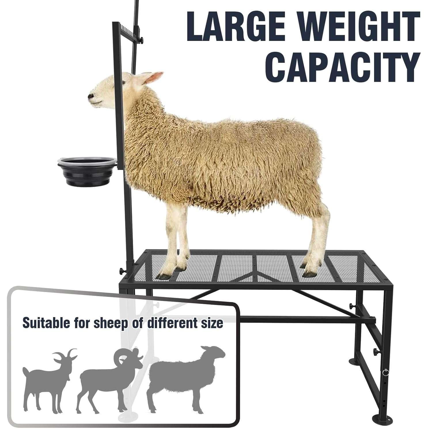 Mesa de ordeño y brete para cabras con comedero y cepo ajustable. Estructura de hierro reforzado que soporta 272 kilos.