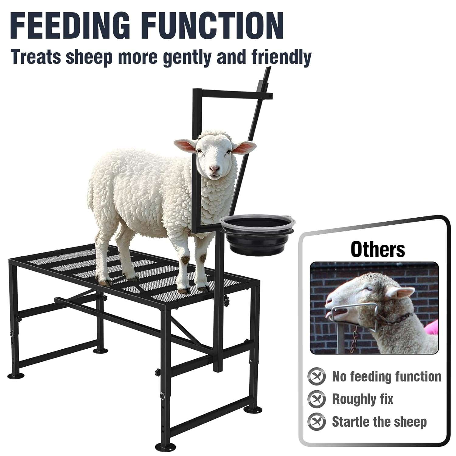 Mesa de ordeño y brete para cabras con comedero y cepo ajustable. Estructura de hierro reforzado que soporta 272 kilos.