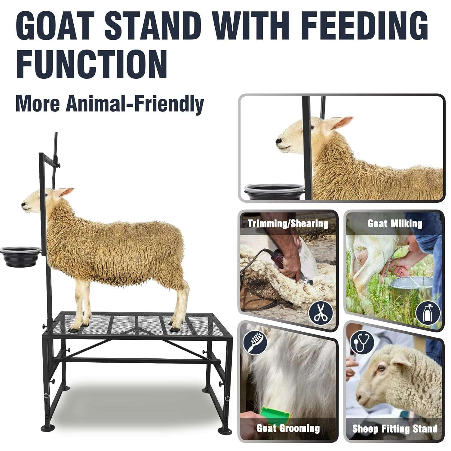 Mesa de ordeño y brete para cabras con comedero y cepo ajustable. Estructura de hierro reforzado que soporta 272 kilos.