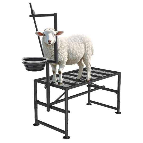 Mesa de ordeño y brete para cabras con comedero y cepo ajustable. Estructura de hierro reforzado que soporta 272 kilos.