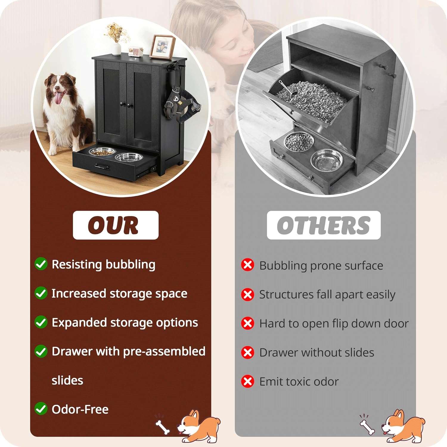 Mueble organizador negro para mascotas con cajon inferior para platos y medidas de 60x35x80 cm.