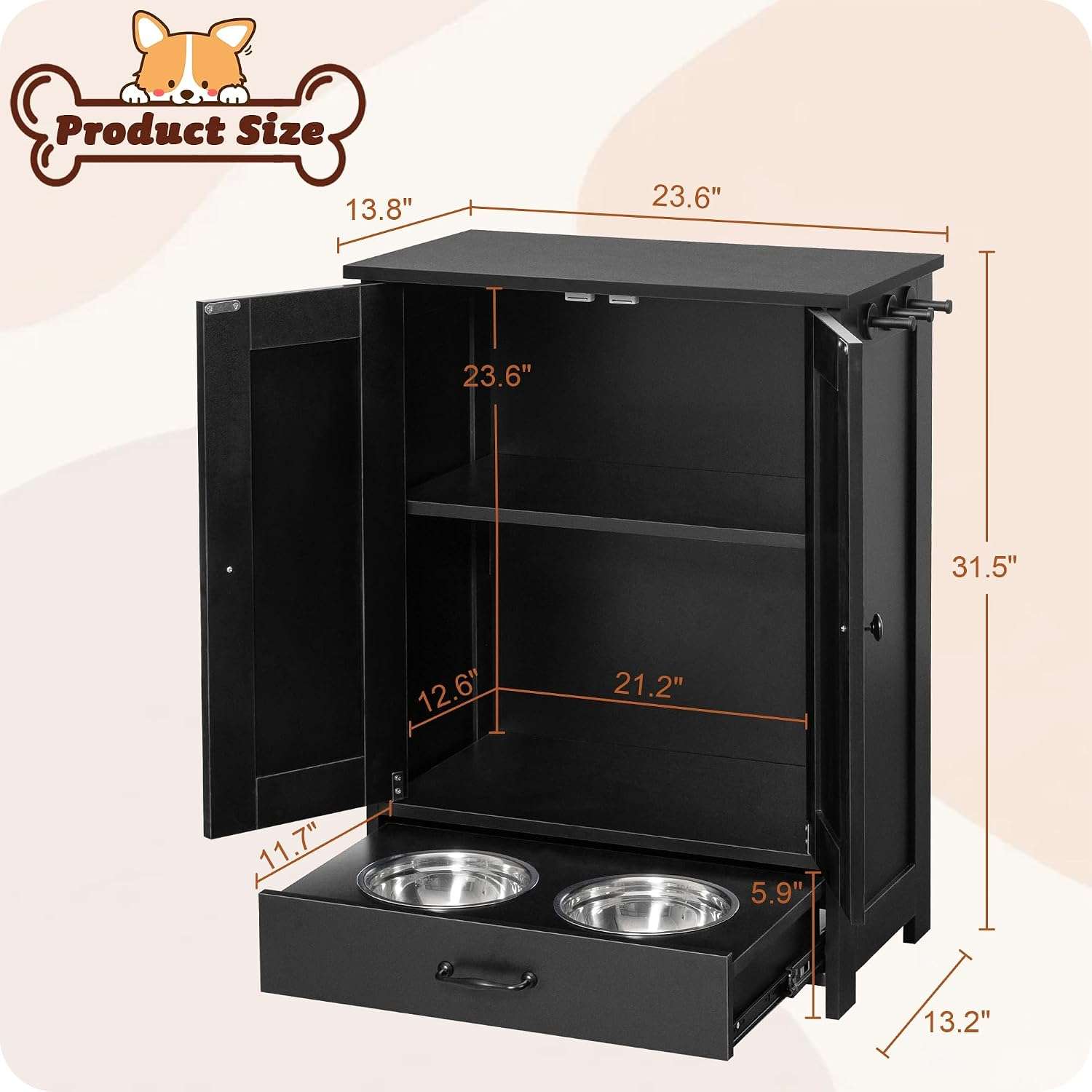 Mueble organizador negro para mascotas con cajon inferior para platos y medidas de 60x35x80 cm.