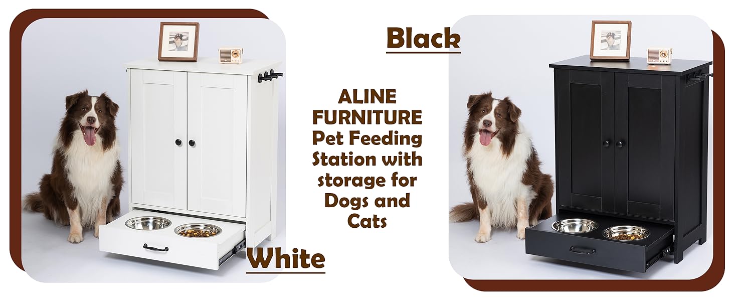 Mueble organizador negro para mascotas con cajon inferior para platos y medidas de 60x35x80 cm.