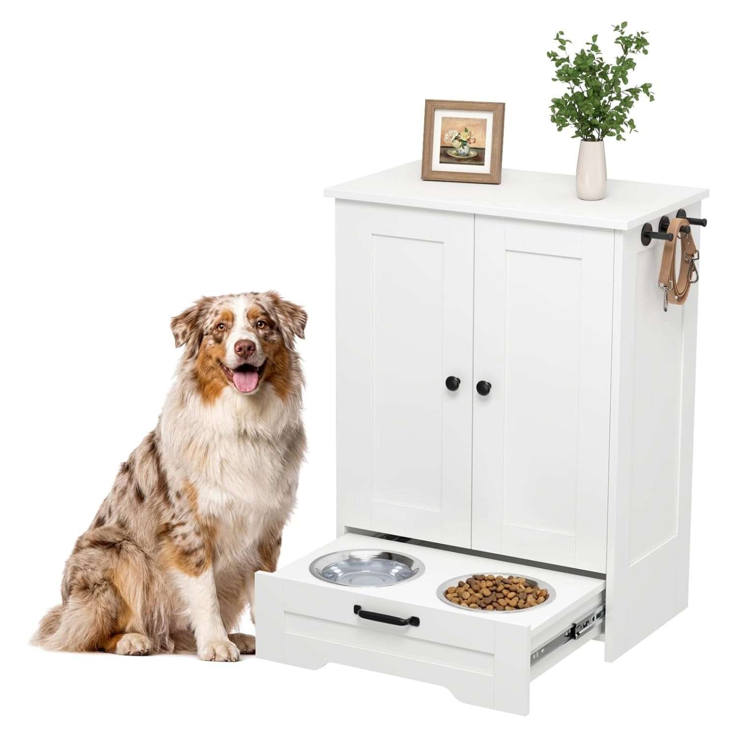 Mueble organizador blanco de madera para perros con cajon deslizable platos de 22 cm y estante interno ajustable 60x35x80 cm.