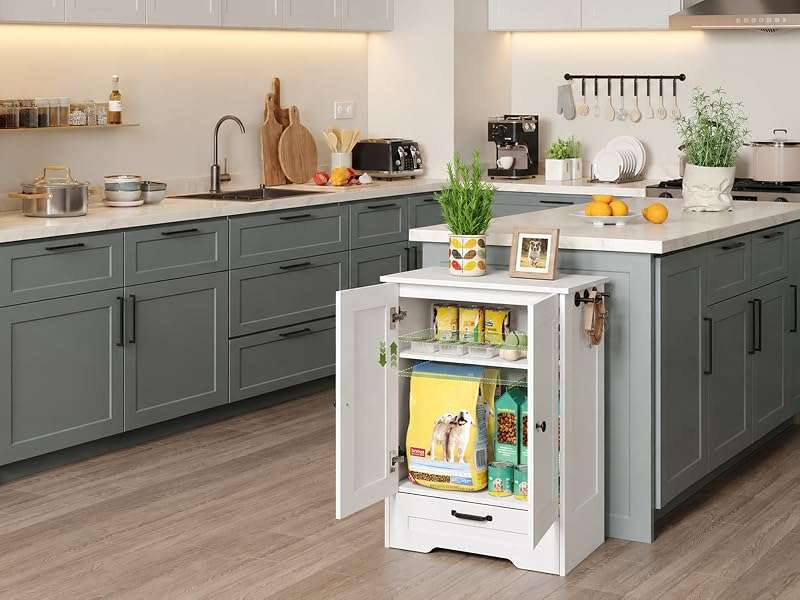 Mueble organizador blanco de madera para perros con cajon deslizable platos de 22 cm y estante interno ajustable 60x35x80 cm.