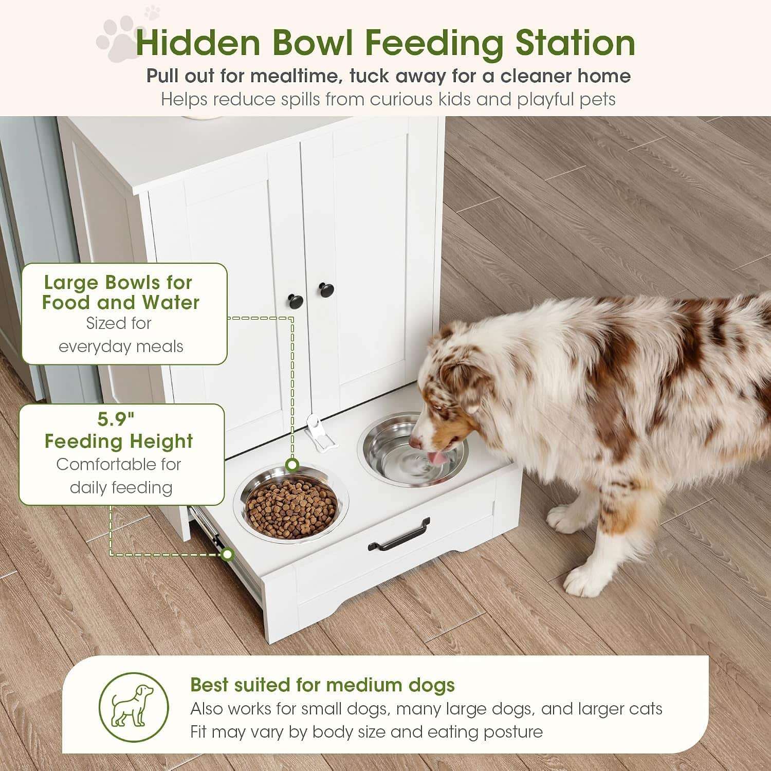 Mueble organizador blanco de madera para perros con cajon deslizable platos de 22 cm y estante interno ajustable 60x35x80 cm.