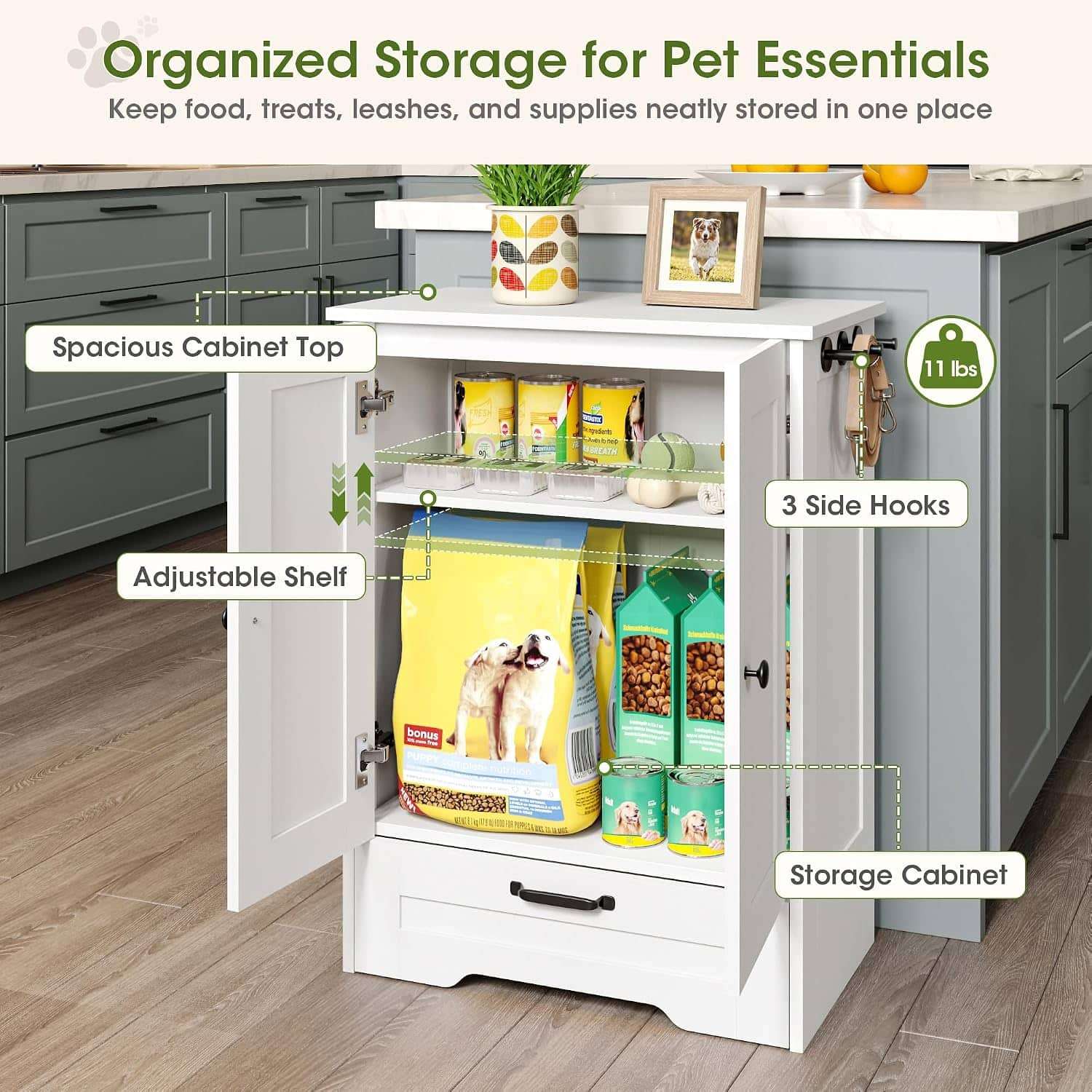 Mueble organizador blanco de madera para perros con cajon deslizable platos de 22 cm y estante interno ajustable 60x35x80 cm.