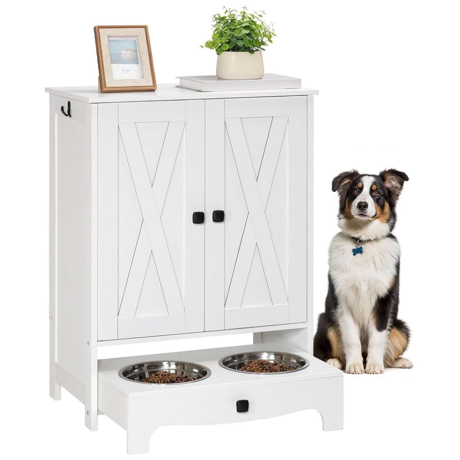 Mueble organizador blanco de madera para perros con cajon deslizable platos de 22 cm y estante interno ajustable 60x35x80 cm.