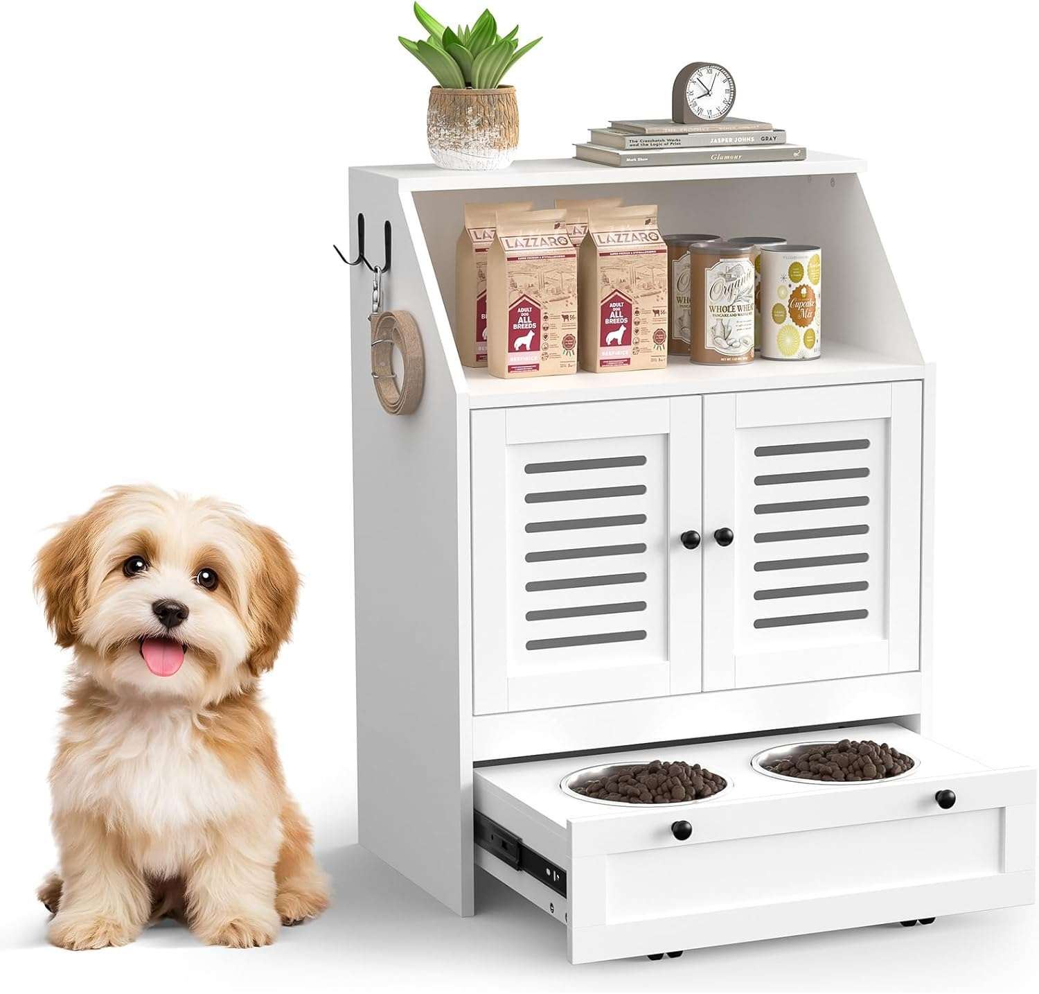 Mueble organizador negro para perros con platos de acero inoxidable sistema antivuelco y medidas de 60x35x80 cm.