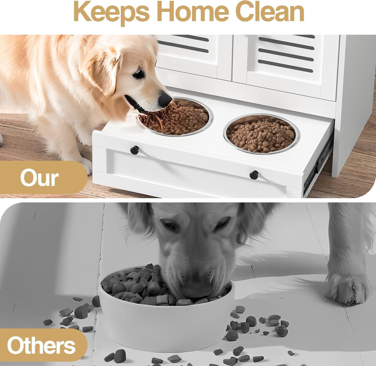 Mueble organizador negro para perros con platos de acero inoxidable sistema antivuelco y medidas de 60x35x80 cm.