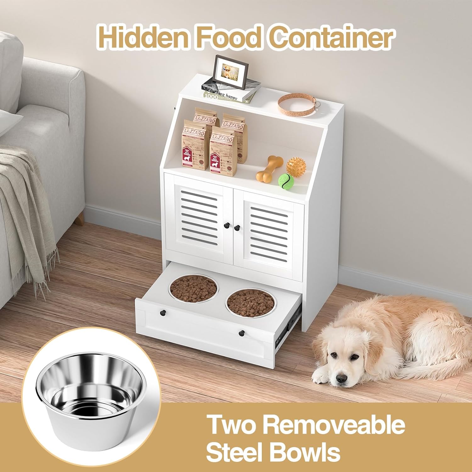 Mueble organizador negro para perros con platos de acero inoxidable sistema antivuelco y medidas de 60x35x80 cm.