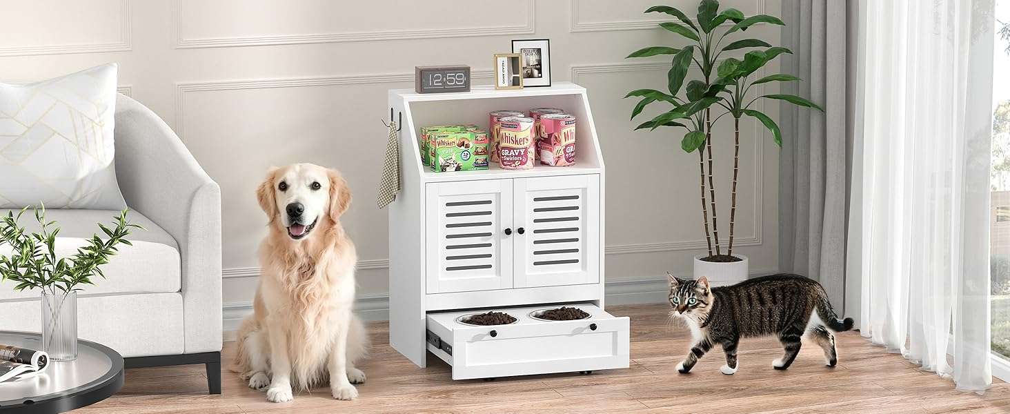 Mueble organizador negro para perros con platos de acero inoxidable sistema antivuelco y medidas de 60x35x80 cm.
