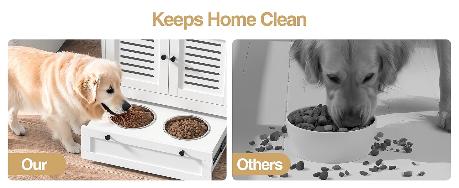 Mueble organizador negro para perros con platos de acero inoxidable sistema antivuelco y medidas de 60x35x80 cm.