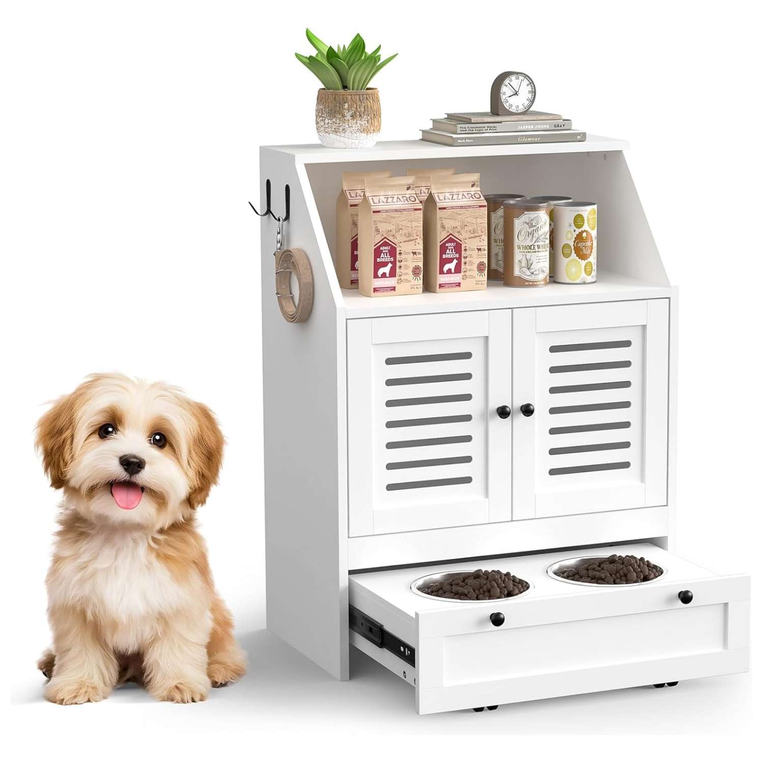 Mueble organizador negro para perros con platos de acero inoxidable sistema antivuelco y medidas de 60x35x80 cm.