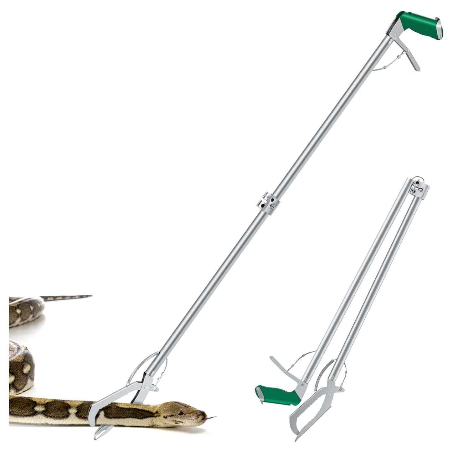 Pinza atrapa serpientes plegable de acero inoxidable con mango antideslizante para un manejo seguro.