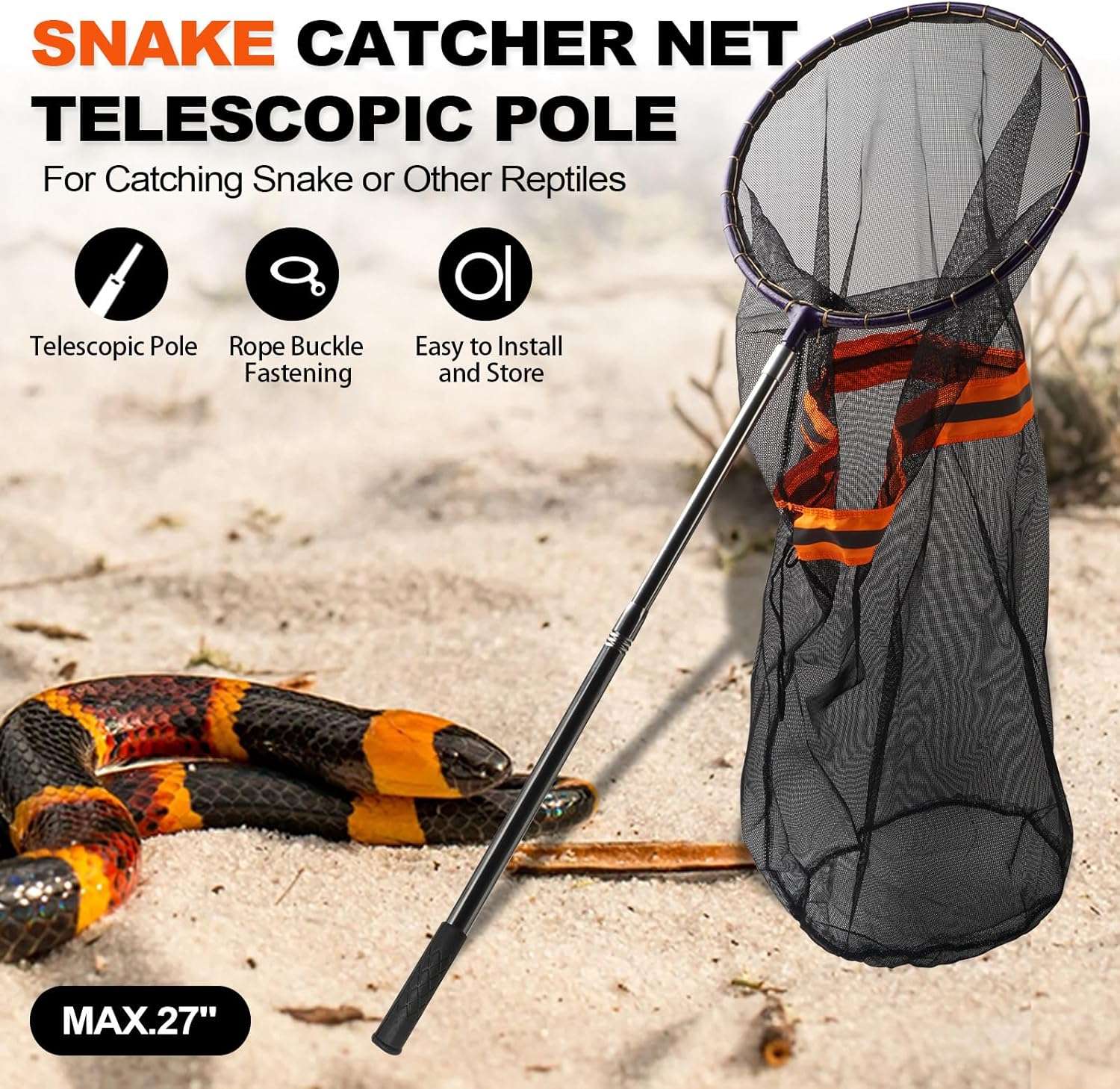 Red atrapa serpientes y culebras telescopica de 100 cm con cierre de seguridad y malla fina.