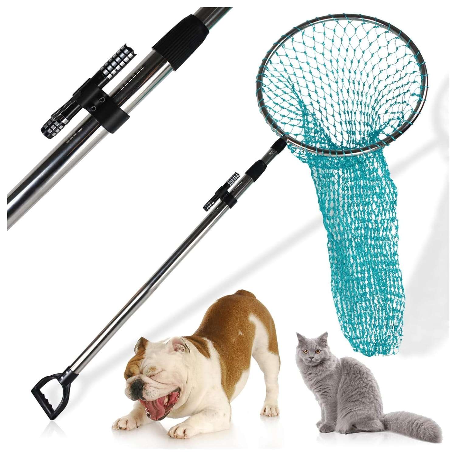 Red de captura animal telescopica reforzada de 233 cm con linterna LED. Acero inoxidable y red profunda para perros y fauna silvestre.
