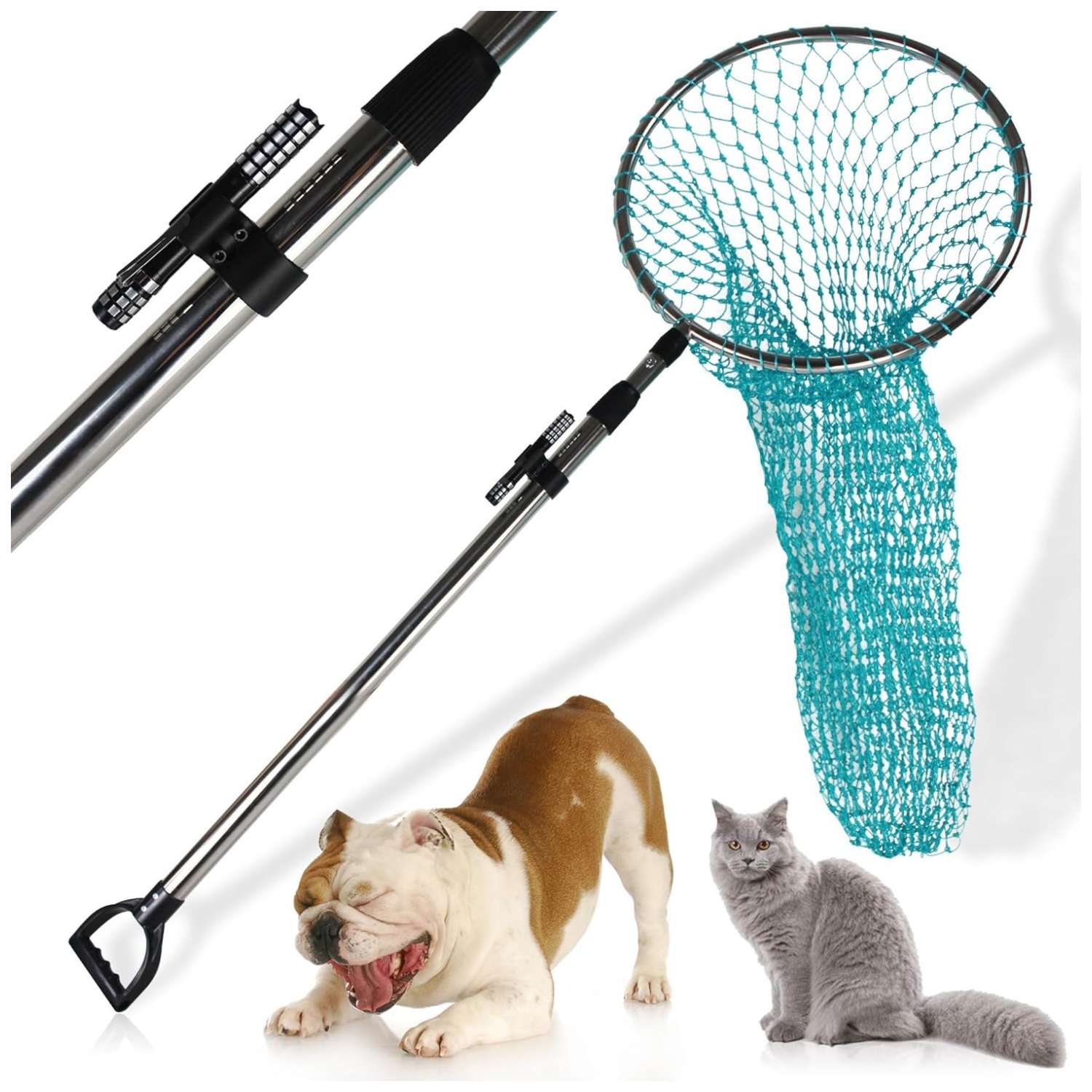 Red de captura animal telescopica reforzada de 233 cm con linterna LED. Acero inoxidable y red profunda para perros y fauna silvestre.