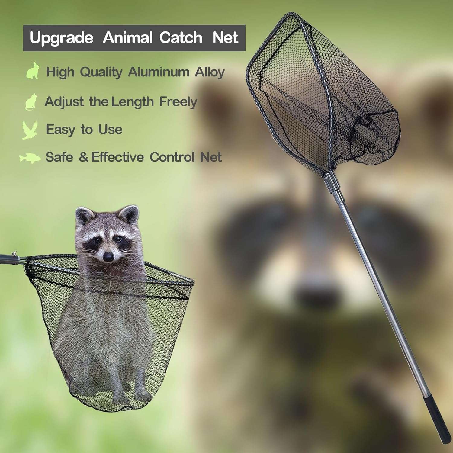 Red de captura animal telescopica de 250 cm con malla de goma suave anti-enredos para perros gatos y aves.