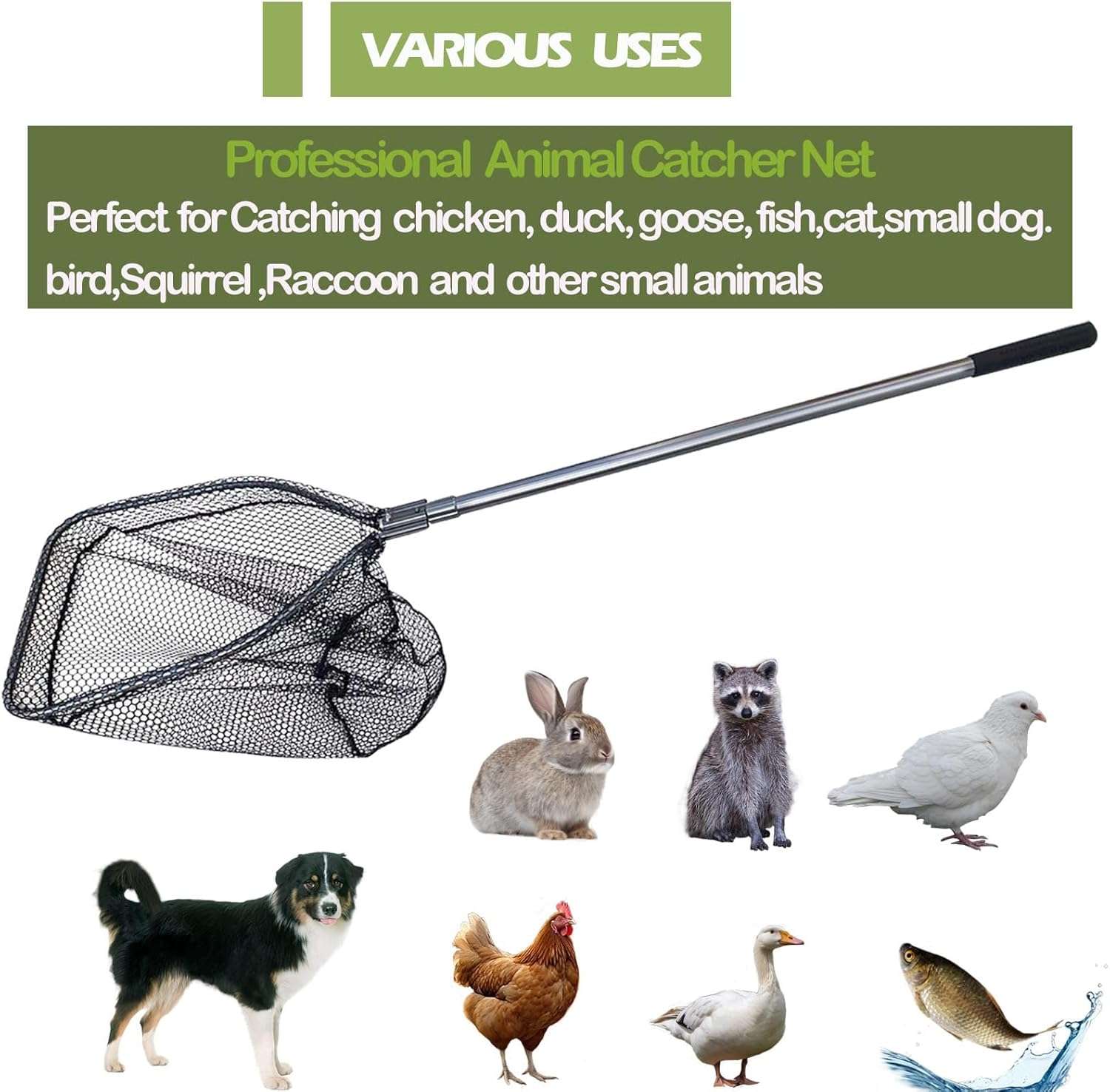 Red de captura animal telescopica de 250 cm con malla de goma suave anti-enredos para perros gatos y aves.