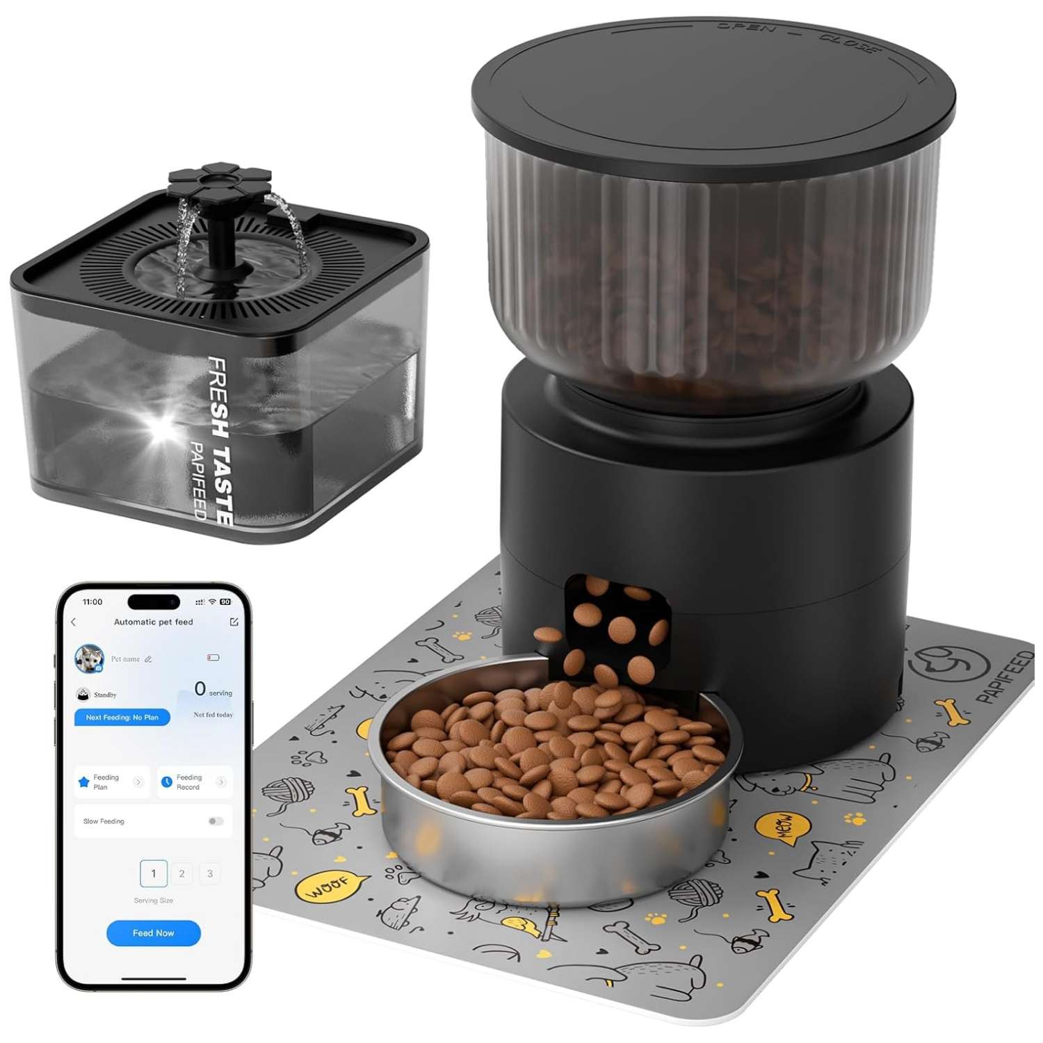 Set blanco de comedero inteligente WiFi de 1.3 kg con plato de acero inoxidable y fuente de agua de 3 litros para gatos y perros pequeños.