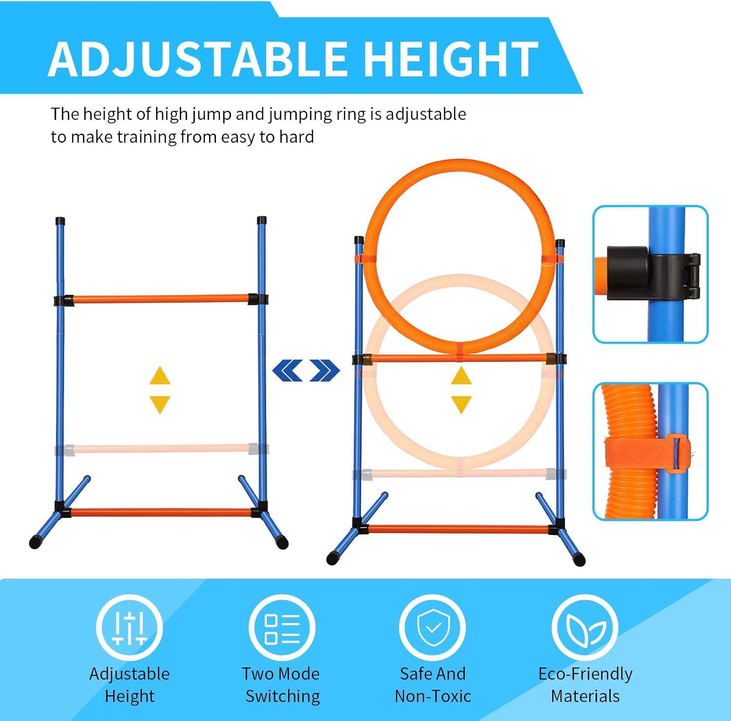 Set de obstaculos agility para perros con vallas aro slalom y caja de pausa. Equipo de adiestramiento ajustable y portatil.