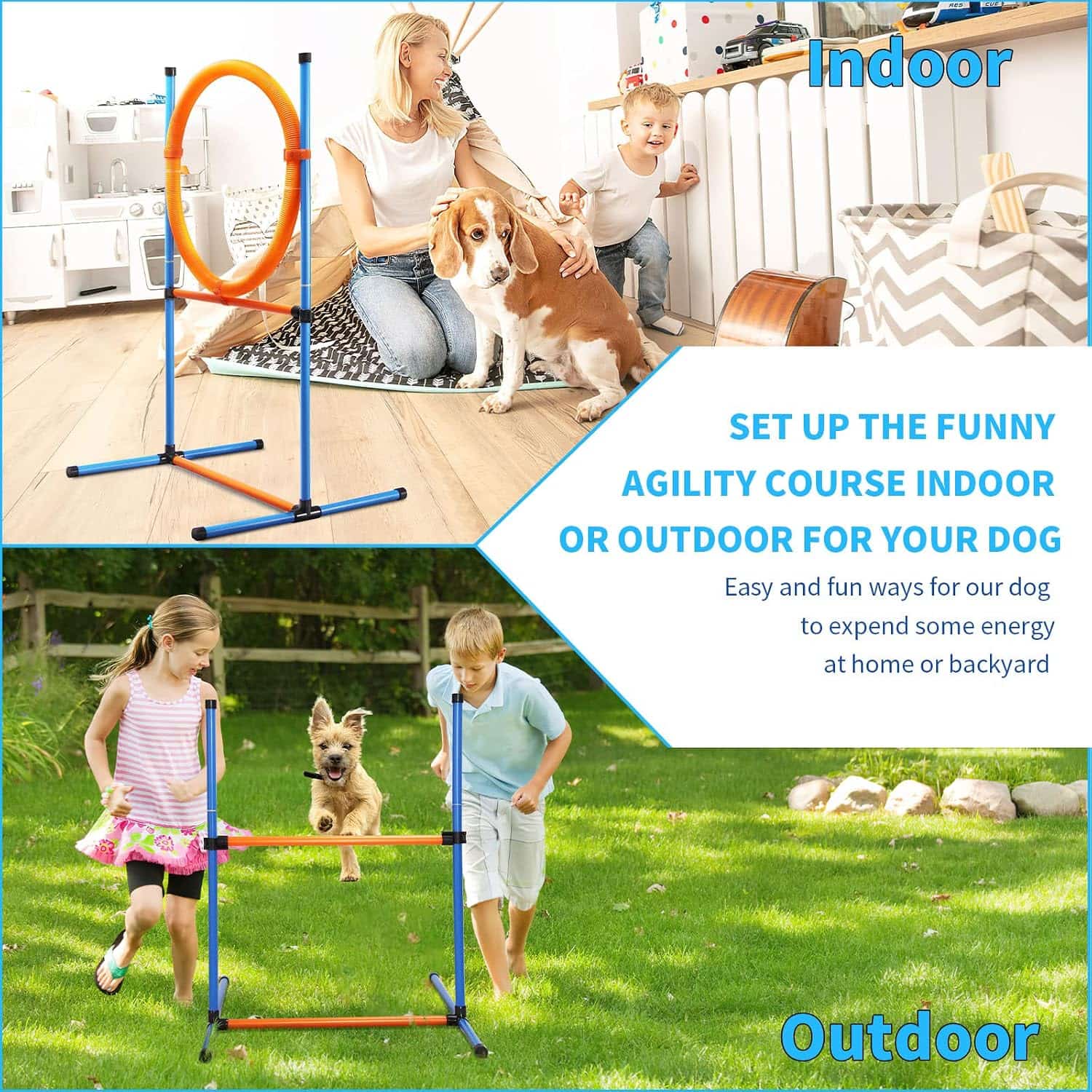 Set de obstaculos agility para perros con vallas aro slalom y caja de pausa. Equipo de adiestramiento ajustable y portatil.