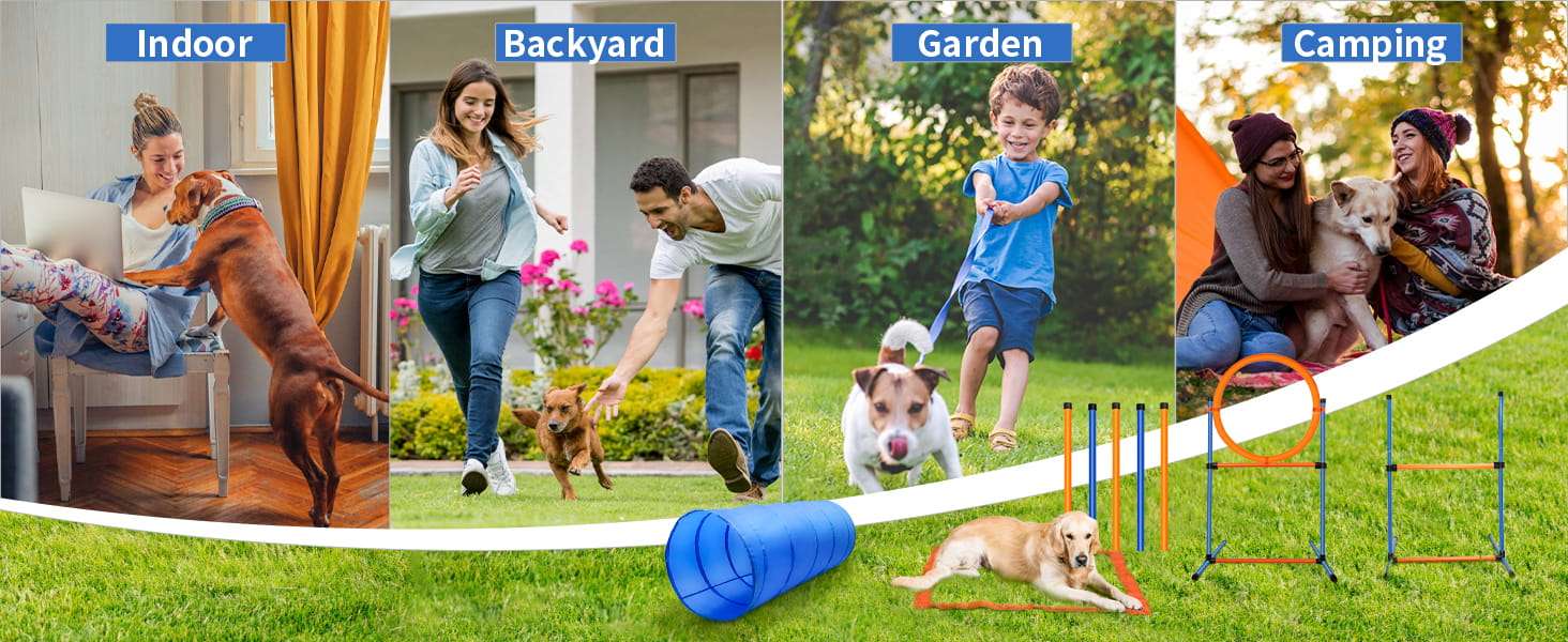 Set de obstaculos agility para perros con vallas aro slalom y caja de pausa. Equipo de adiestramiento ajustable y portatil.