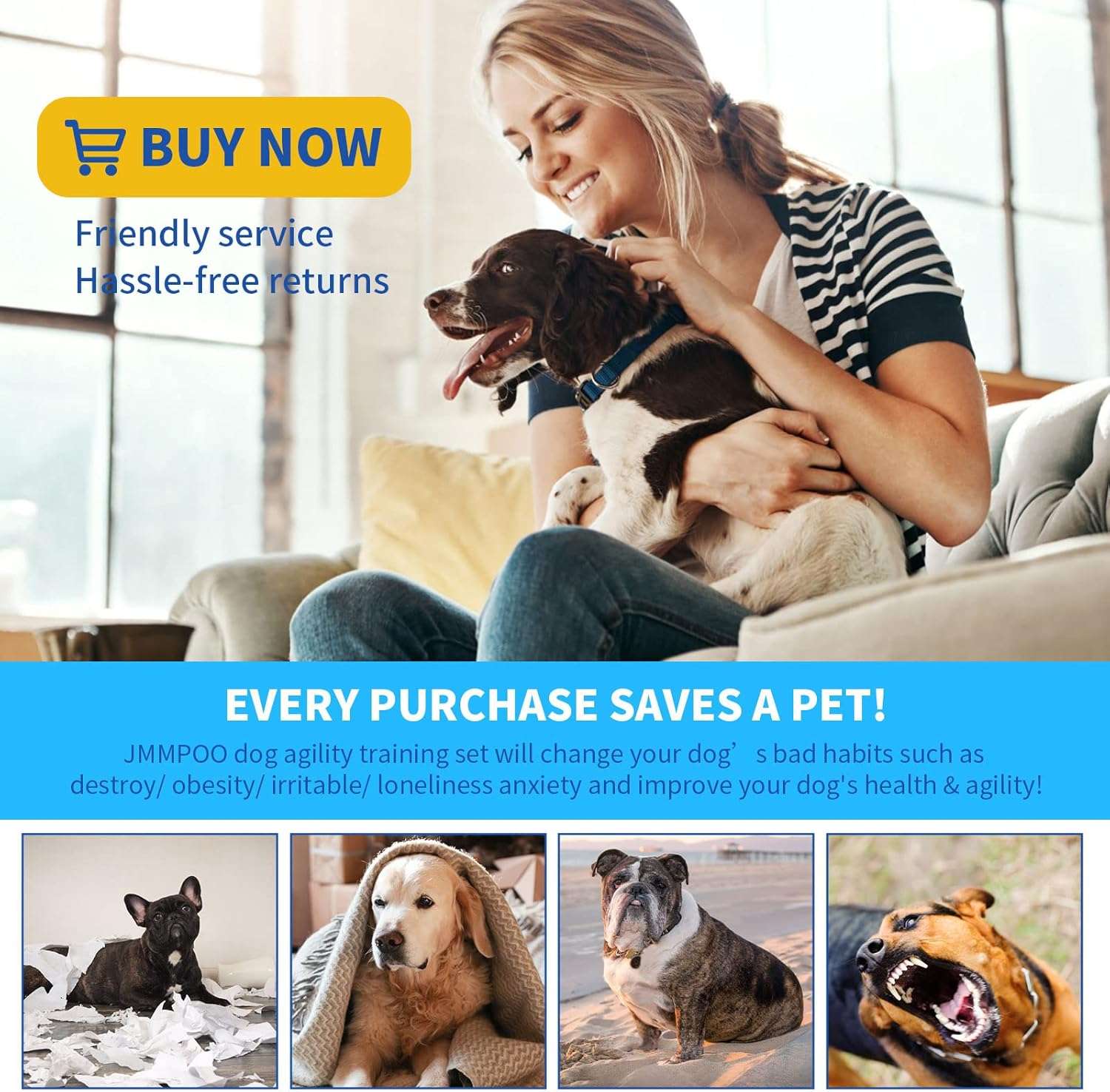 Set de obstaculos agility para perros con vallas aro slalom y caja de pausa. Equipo de adiestramiento ajustable y portatil.