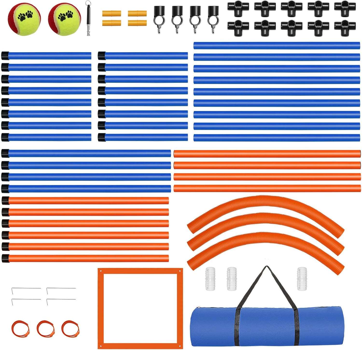 Set de obstaculos agility para perros con vallas aro slalom y caja de pausa. Equipo de adiestramiento ajustable y portatil.