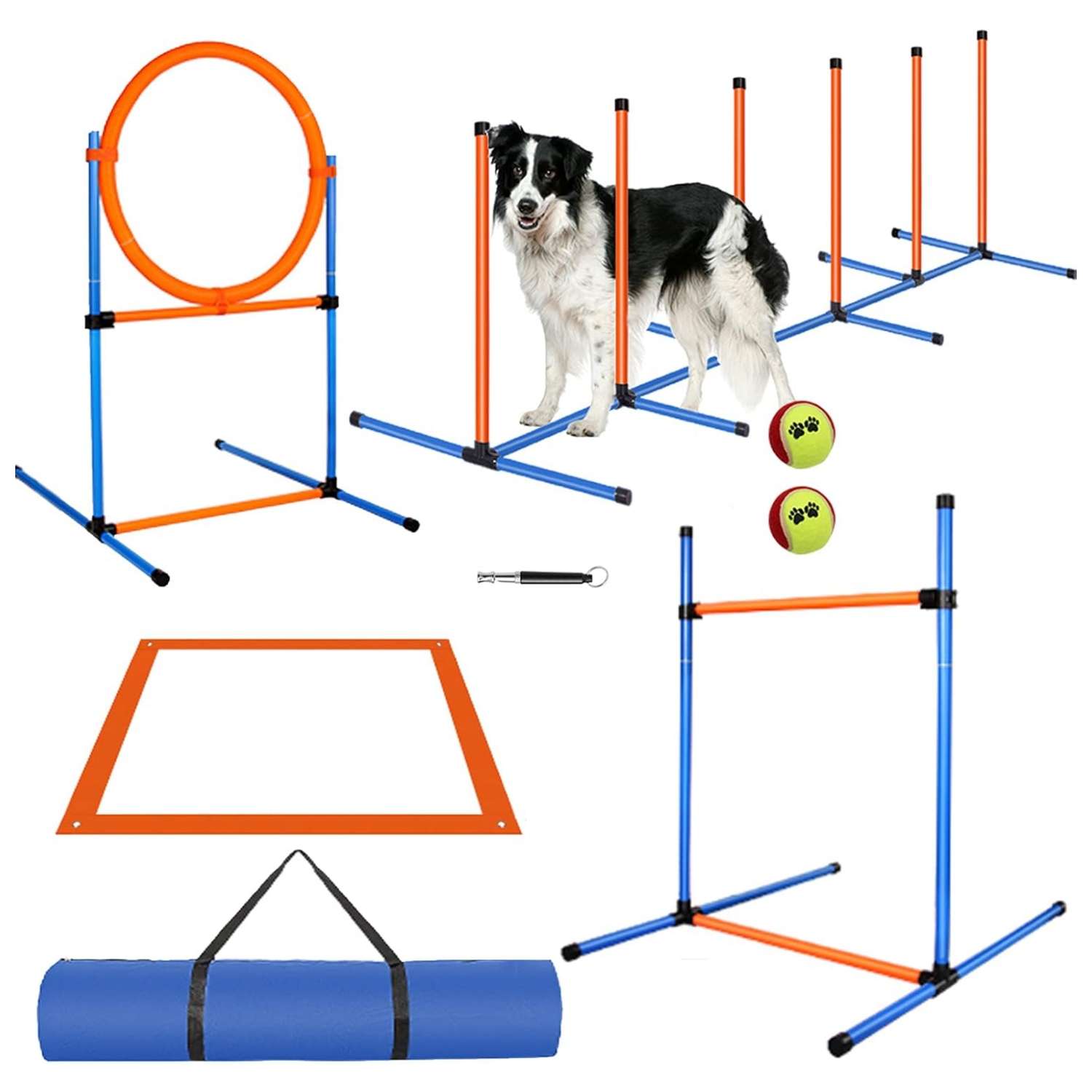 Set de obstaculos agility para perros con vallas aro slalom y caja de pausa. Equipo de adiestramiento ajustable y portatil.