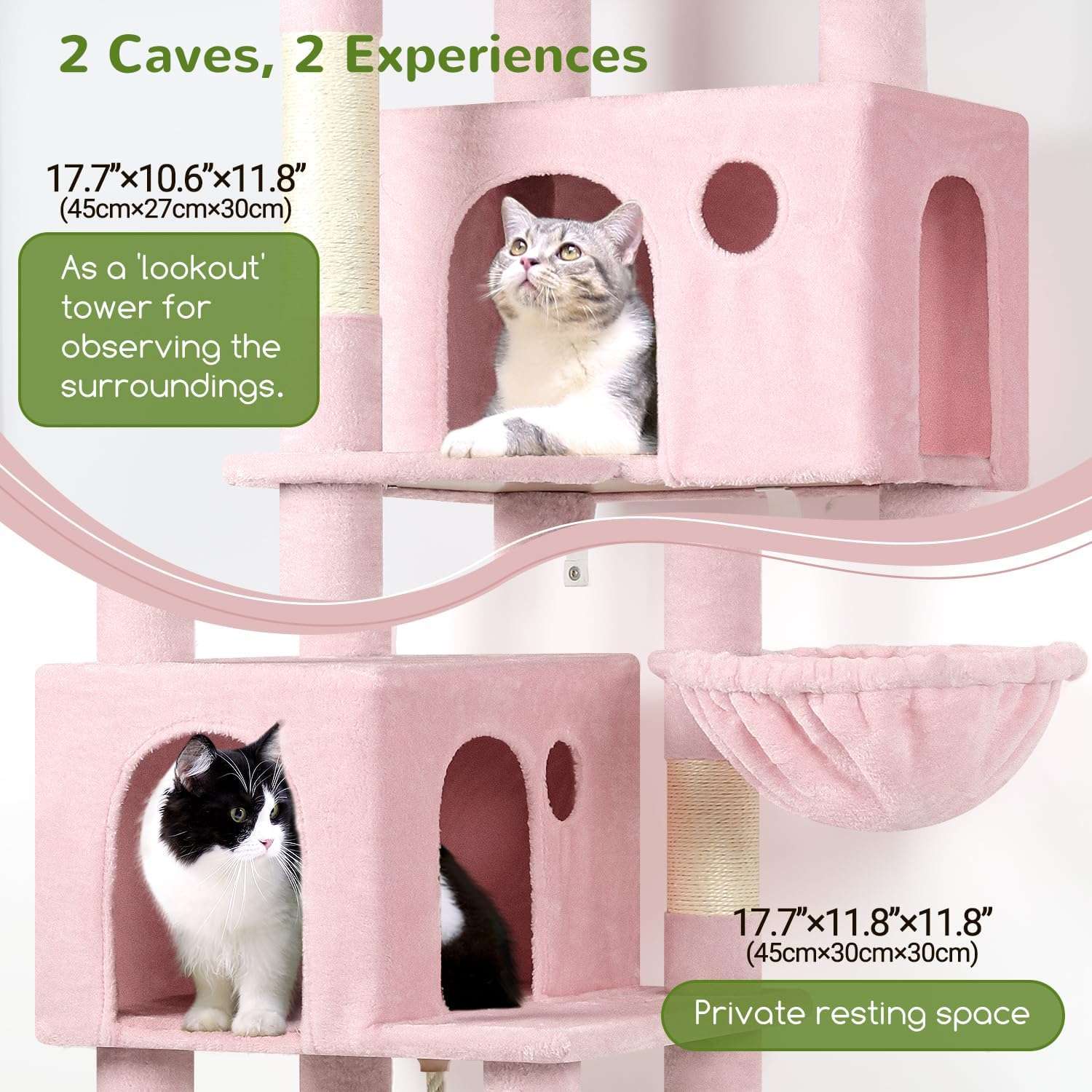 Torre rascador alta de 180 centimetros con juguete de flor colgante. Doble cueva y plataforma amplia para gatos.