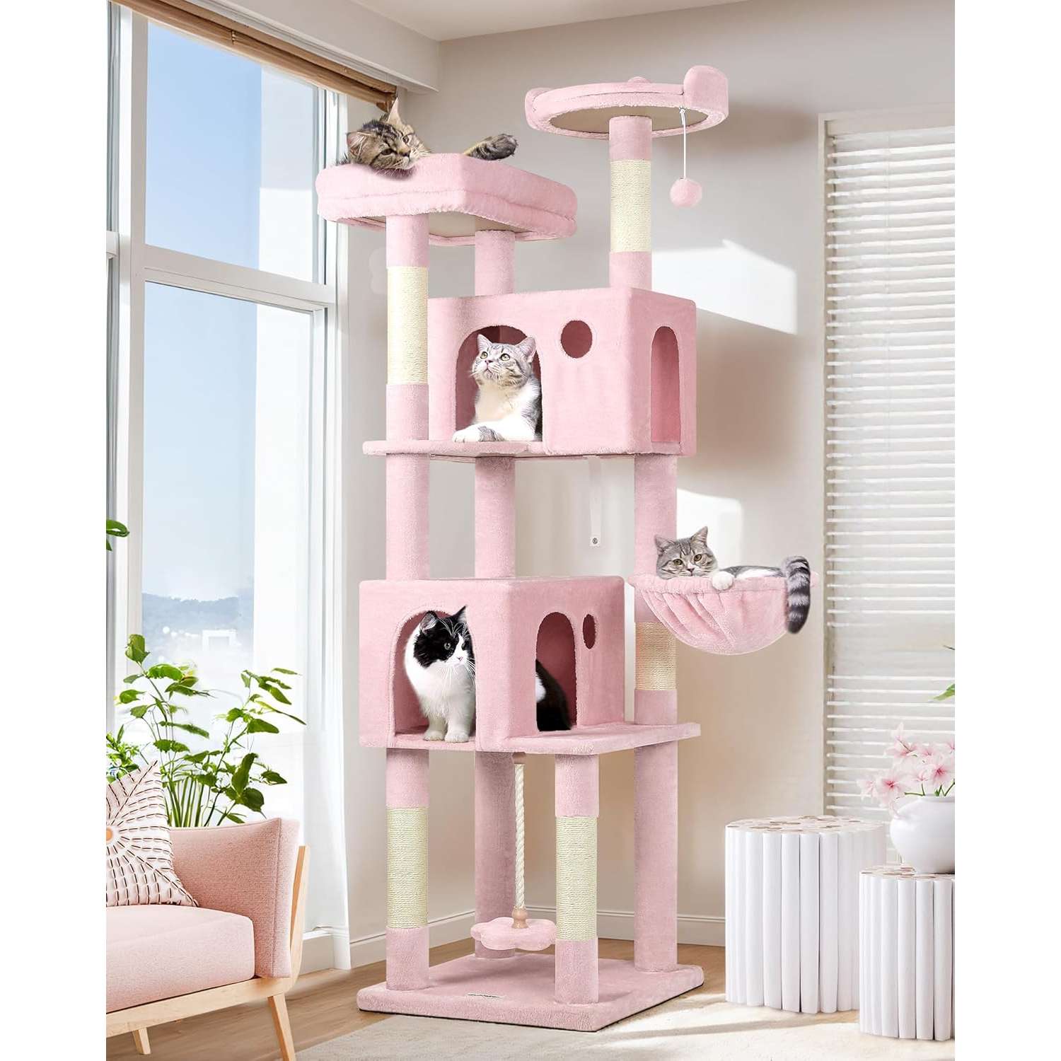 Torre rascador alta de 180 centimetros con juguete de flor colgante. Doble cueva y plataforma amplia para gatos.