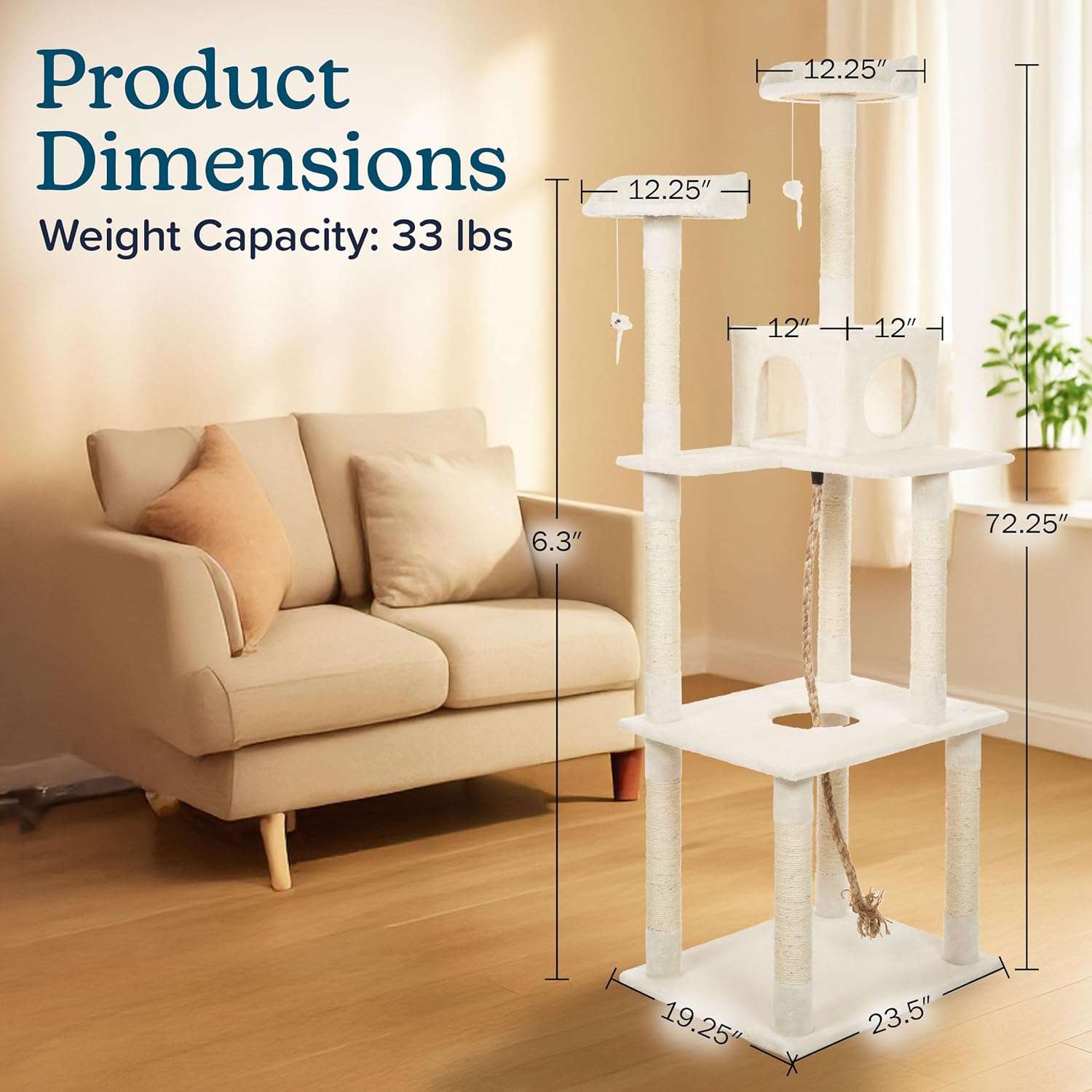 Torre rascador alta de 184 centimetros con 5 niveles y 9 postes de sisal. Condominio de dos puertas y perchas alfombradas para gatos grandes.