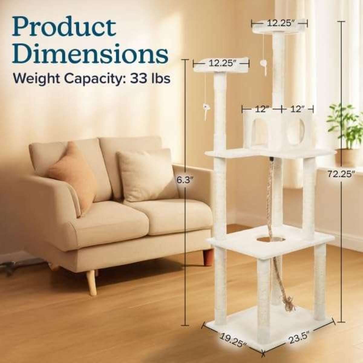 Torre rascador alta de 184 centimetros con 5 niveles y 9 postes de sisal. Condominio de dos puertas y perchas alfombradas para gatos grandes.