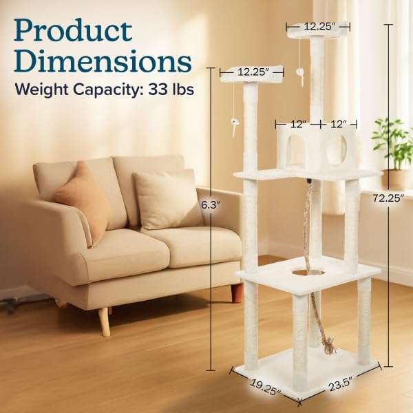 Torre rascador alta de 184 centimetros con 5 niveles y 9 postes de sisal. Condominio de dos puertas y perchas alfombradas para gatos grandes.