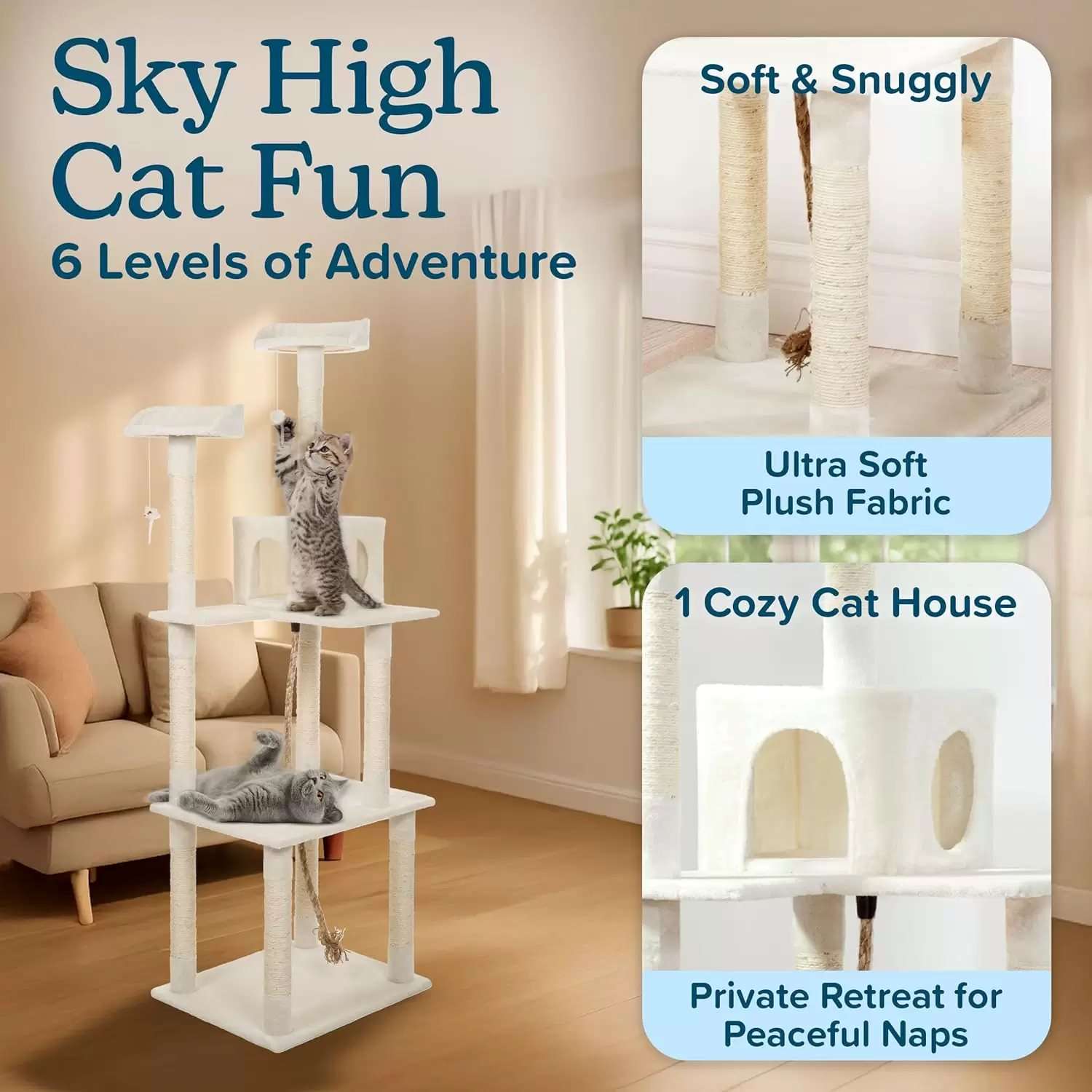 Torre rascador alta de 184 centimetros con 5 niveles y 9 postes de sisal. Condominio de dos puertas y perchas alfombradas para gatos grandes.