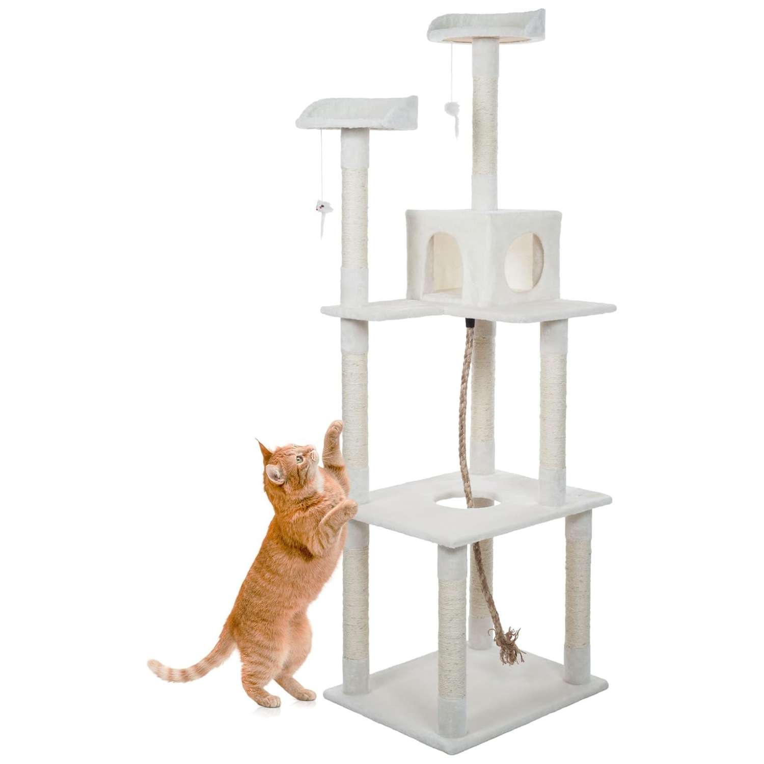 Torre rascador alta de 184 centimetros con 5 niveles y 9 postes de sisal. Condominio de dos puertas y perchas alfombradas para gatos grandes.