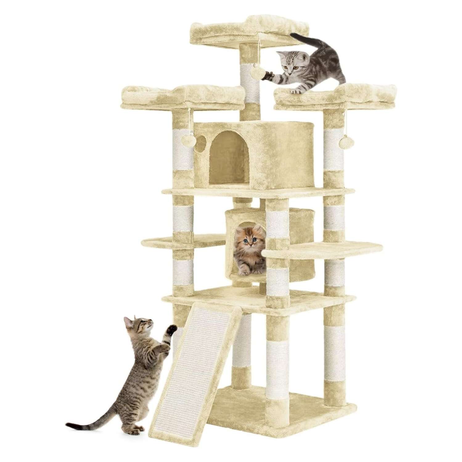 Torre rascador decorativa de 170 centimetros con base reforzada de 60 por 50 cm y sisal natural para gatos.