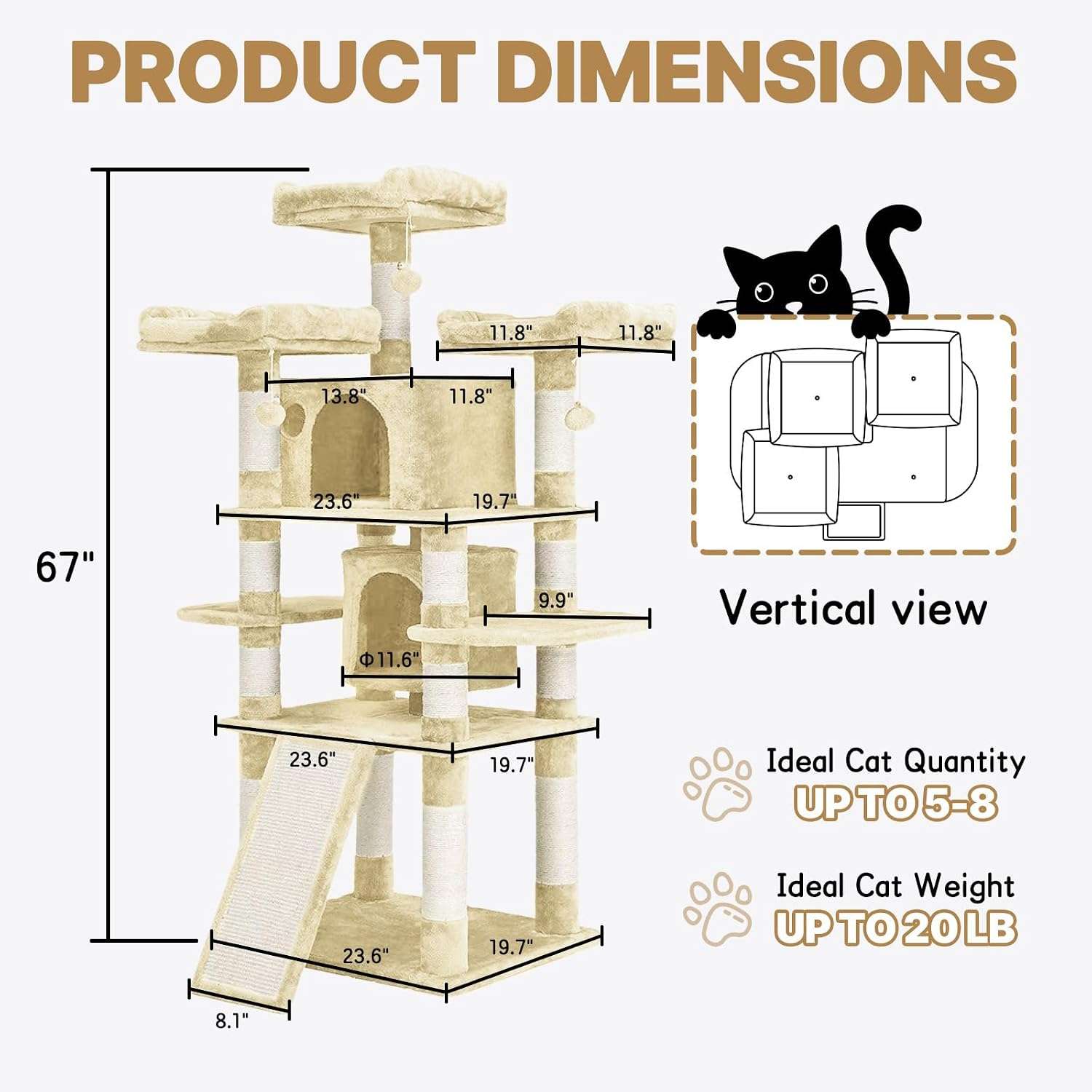 Torre rascador decorativa de 170 centimetros con base reforzada de 60 por 50 cm y sisal natural para gatos.