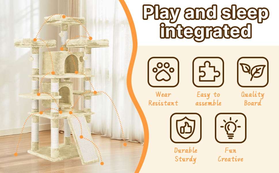 Torre rascador decorativa de 170 centimetros con base reforzada de 60 por 50 cm y sisal natural para gatos.