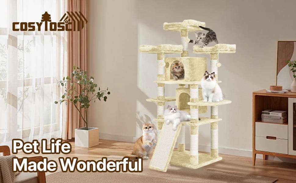Torre rascador decorativa de 170 centimetros con base reforzada de 60 por 50 cm y sisal natural para gatos.