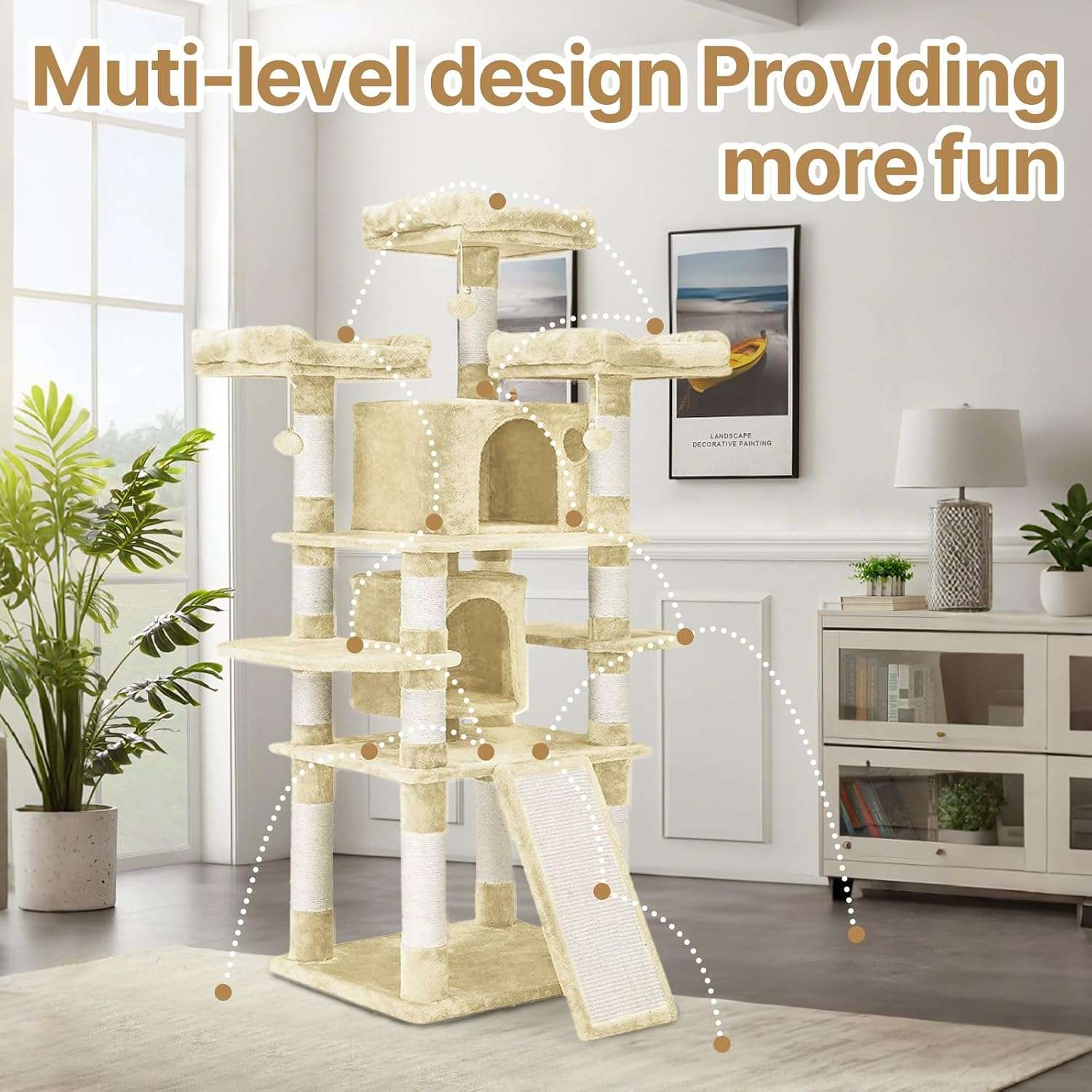 Torre rascador decorativa de 170 centimetros con base reforzada de 60 por 50 cm y sisal natural para gatos.