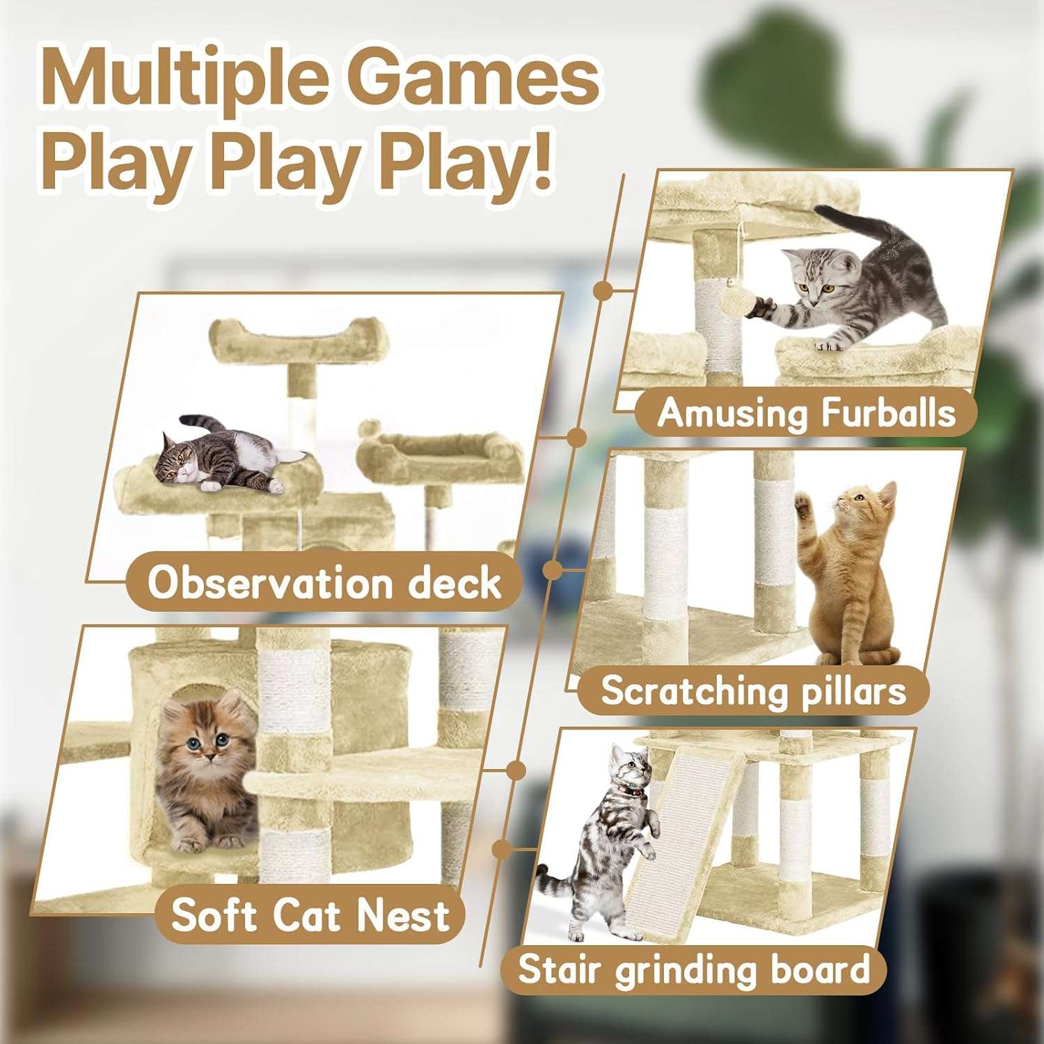 Torre rascador decorativa de 170 centimetros con base reforzada de 60 por 50 cm y sisal natural para gatos.